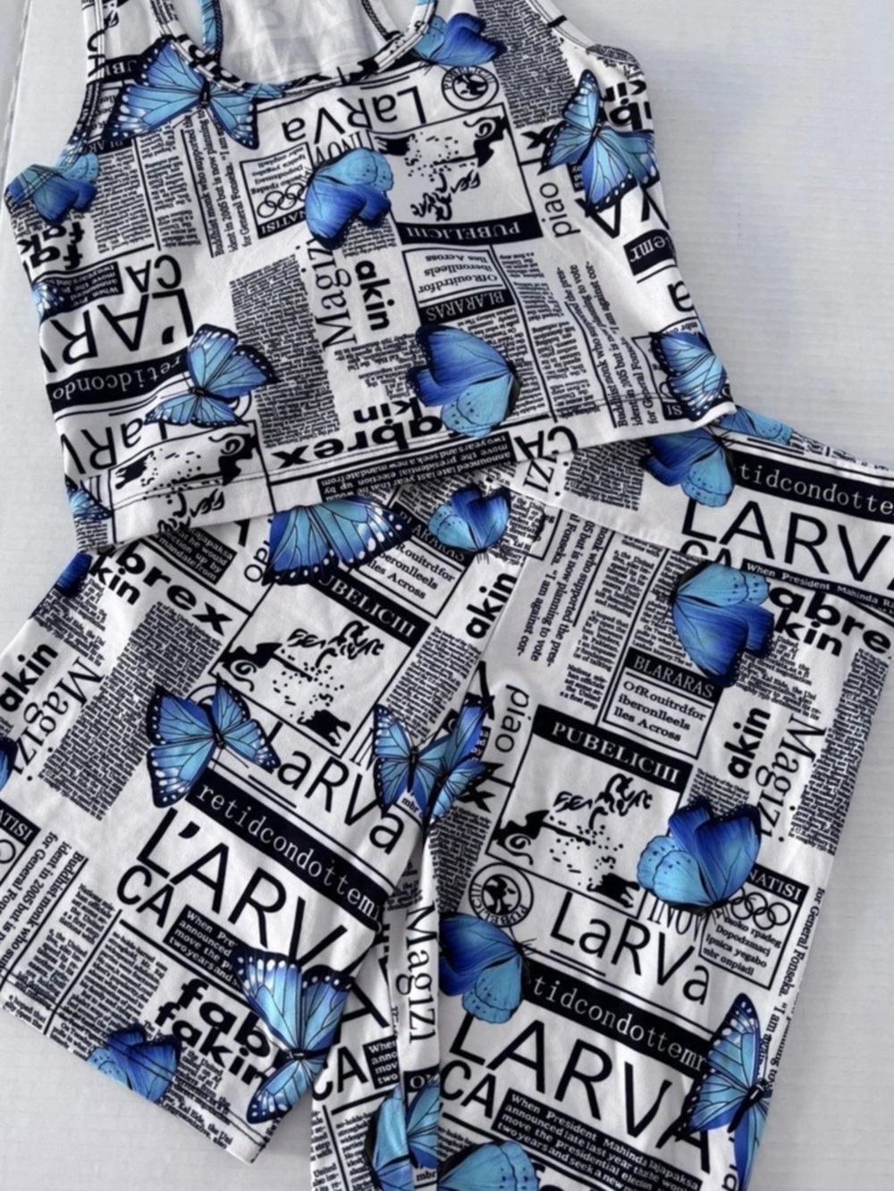Popular 21 Butterfly Newspaper Print crop top and Shorts Set Size Med Top/large